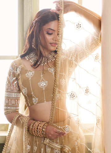 Designer Beige colored net Lehenga with sequin embroidered blouse.